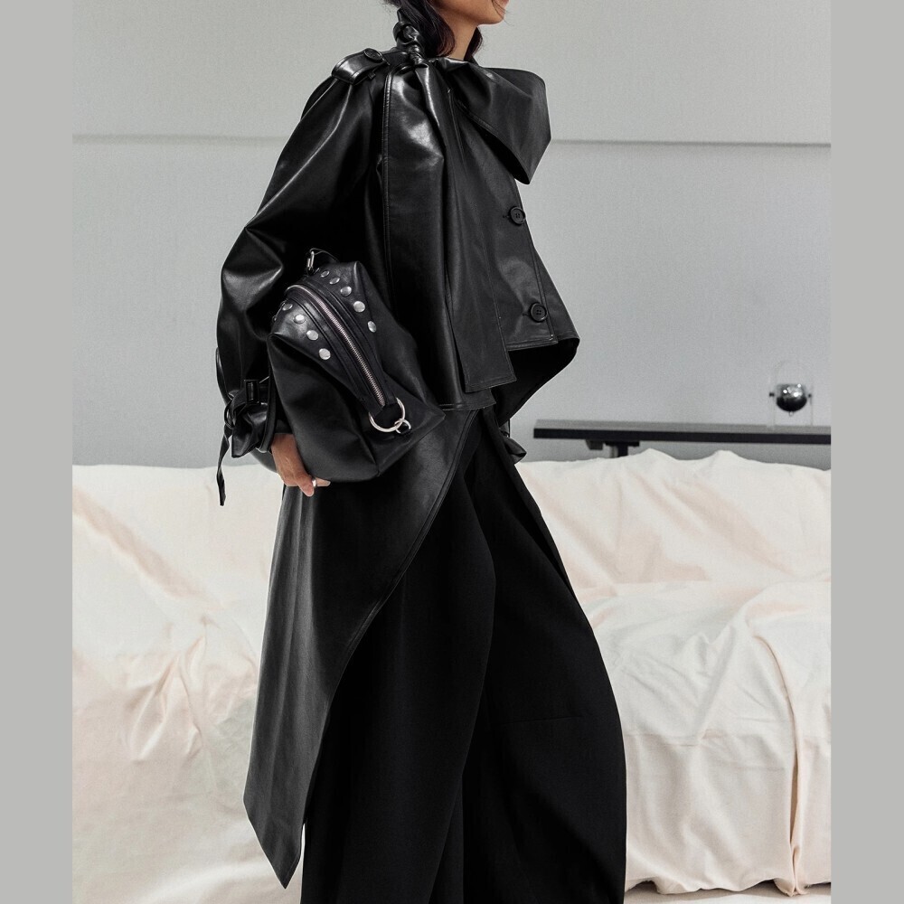 Black Faux Leather Oversized Hooded Asymmetric High Low Midi Trench Coat